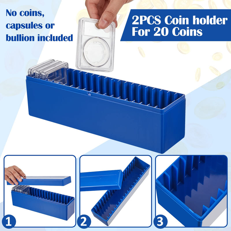 2 Pieces Plastic Coin Storage Box Coin Boxes for 20 Slab Coin Holders Coin Collection Box Coin Storage Case Coin Trays for Collectors, Blue