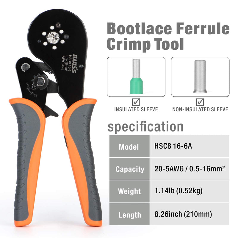 IWISS Self-adjustable Crimping Tools Plier for AWG20-5 Bootlace End-sleeves Ferrule, Ratchat Wire Crimping Tool HSC8 16-6