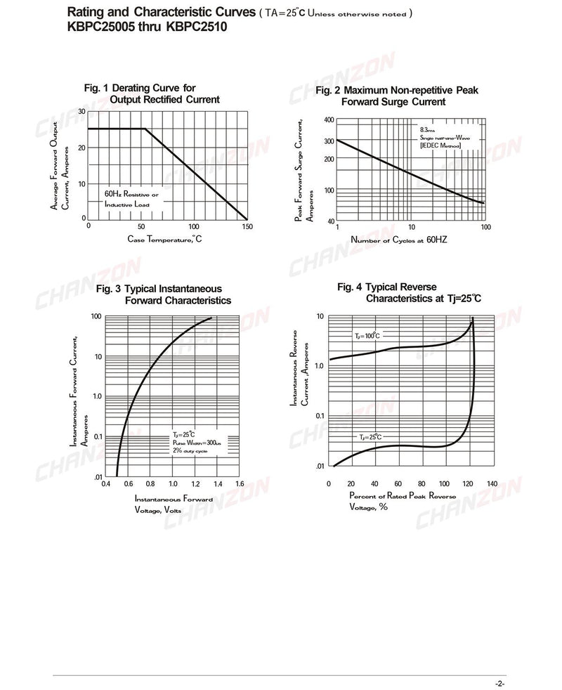 (Pack of 2 Pieces) Chanzon KBPC2510 Bridge Rectifier Diode 25A 1000V KBPC Single Phase, Full Wave 25 Amp 1000 Volt Electronic Silicon Diodes