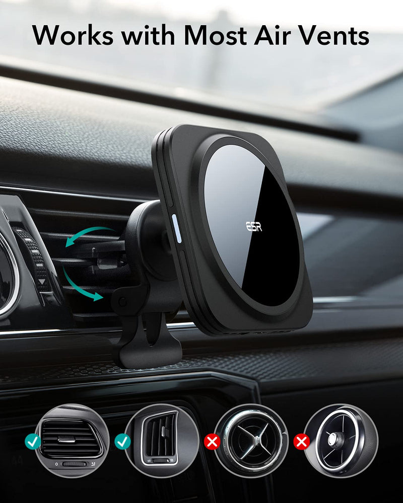 ESR HaloLock Magnetic Wireless Car Charger, Fast Charging, Compatible with MagSafe Car Charger, Air Vent Mount Compatible with iPhone 12/12 Pro/12 mini/12 Pro Max, Black
