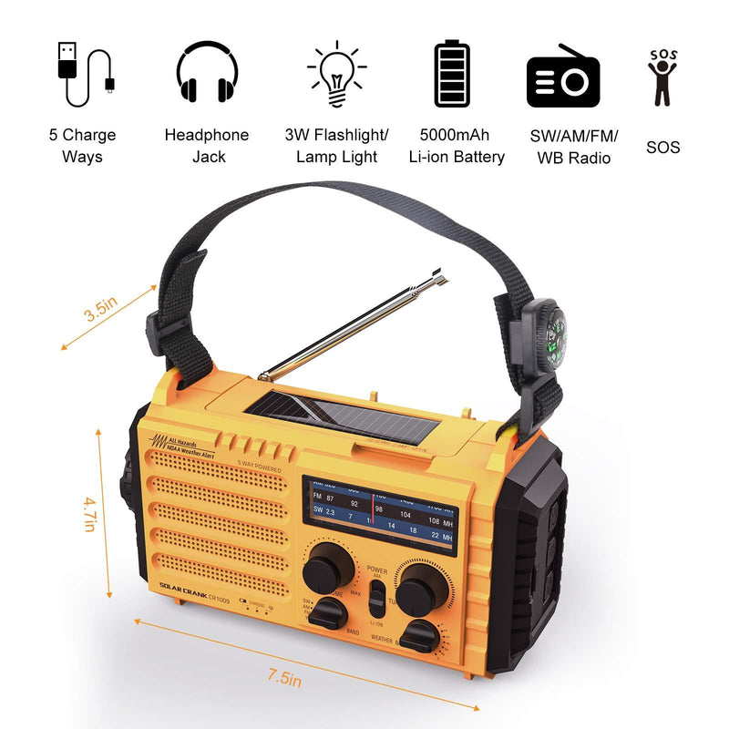 Weather Radio Raynic 5000mAh Solar Hand Crank Emergency Radio 5 Ways Powered AM/FM/SW/NOAA Weather Alert Portable Radio with Flashlight, Reading Lamp, Cellphone Charger and SOS Alarm (Yellow)