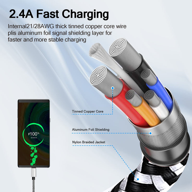USB Type C Charger Cable 10FT,2Pack USB C Charger Fast Charging Cord Compatible with Samsung Galaxy S9 S10 S10+ S20 A11 A20 A21 A51 A41 A32 A71 Kindle Fire 9th-10th Generation Sliver&Black