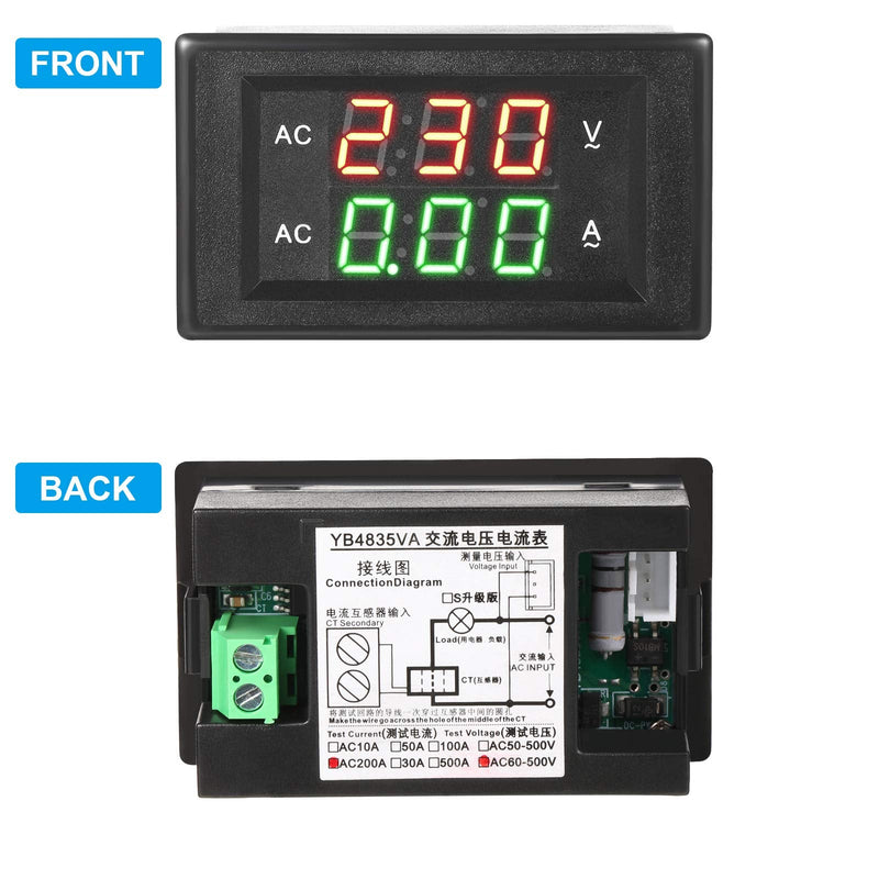 Volt Amp Meter AC 500V 200A Voltmeter AC Voltage and Current Meter Digital Dual Display, 0.39 Inches LED 2 in 1 Multimeter, 2-Wire Voltage Amperage Tester Gauge with Current Transformer (2)