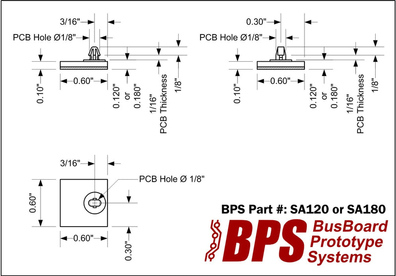 BusBoard Prototype Systems SA180 Adhesive Standoffs, 24 Pack, 0.180" Height, Offset 0.6x0.6 Base, Fits 0.125" PCB Hole