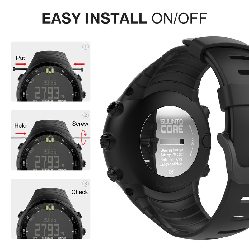 MoKo Watch Band Compatible with Suunto Core, Classic Replacement Soft Wrist Band Strap with Metal Clasp for Suunto Core Smart Watch, Fits 5.51"-9.06" (140mm-230mm) Wrist, All Black