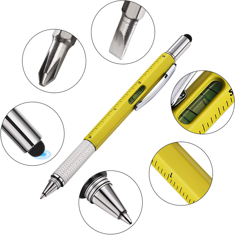 4 Pieces Gift Pen for Men 6 in 1 Multitool Tech Tool Pen Screwdriver Pen with Ruler, Levelgauge, Ballpoint Pen and Pen Refills, Unique Gifts for Men (Gold, Black, Silver, Yellow) Gold, Black, Silver, Yellow