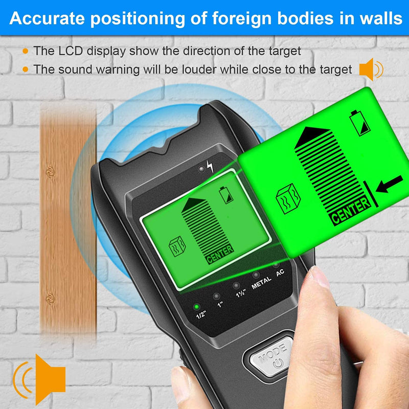 Stud Finder Wall Scanner, 5 in 1 Multifunction Stud Locator with Upgraded Smart Sensor, HD LCD Display and Audio Alarm for The Center and Edge of Metal, Studs, AC Wire, and Pipe Detection Black