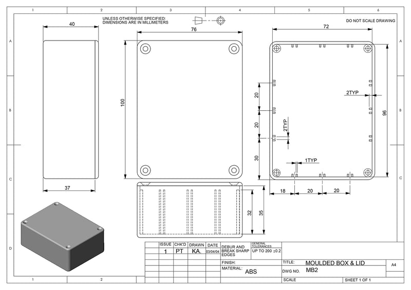 HeiGroup - MB2 ABS plastic enclosure with lid, multi-purpose enclosure, module enclosure, (LxWxH) 100 x 76 x 40 mm, with PCB guide, black - polished MB2: 100 x 76 x 40 mm