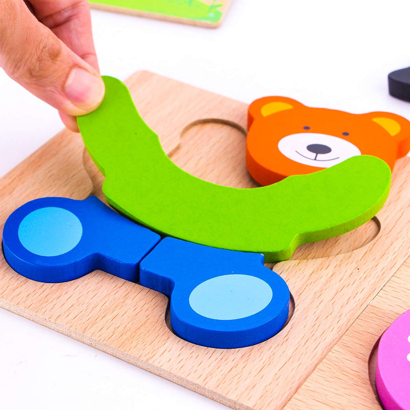 SKYFIELD Wooden Animal Puzzles for Toddlers 1 2 3 Years Old, Boys & Girls Educational Toys Gift with 4 Animals Patterns, Bright Vibrant Color Shapes, Customized Gift Box Ready Animal 1