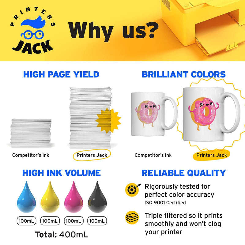Printers Jack 400ML Sublimation Ink for Epson C88 C88+ WF7710 ET2720 ET4700 ET15000 ET2760 ET2750 WF7820 Inkjet Printers Heat Press Transfer on Mugs, Plates, Polyester Shirts, Phone Cases etc 4 x Color