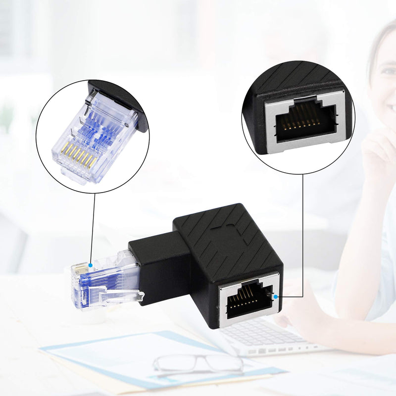 RIIEYOCA Down Angle Ethernet Adapter, 90 Degree RJ45 Male to Female Extension Cat6 LAN Network Connector for Computers, Laptops, Routers(2-Pack) Black(D)