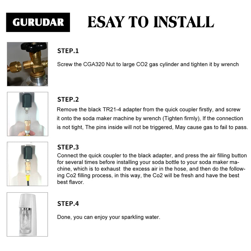 GURUDAR CO2 Cartridges CO2 Tank Direct Adapter with 60Inch High Pressure Hose, CGA320 CO2 Cylinder to Sparkling Water Maker Soda Maker direct Connector for SodaStream Drinkmate Aarke Black