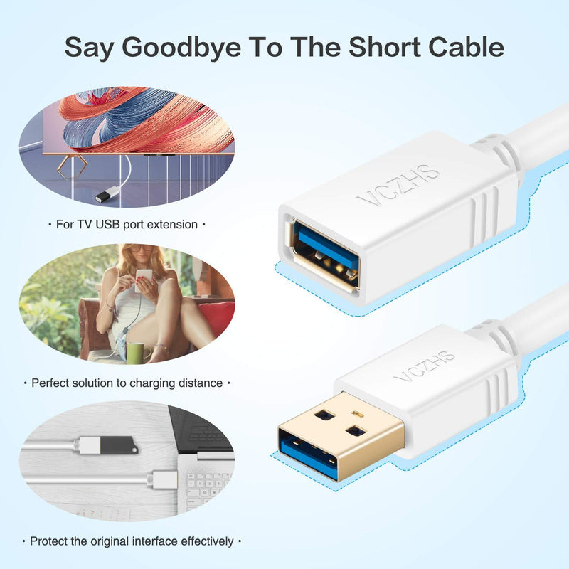 Short USB 3.0 Extension Cable White 1 ft, VCZHS USB 3.0 Male to Female Extension Cable USB 3.0 Extender Cord 1FT