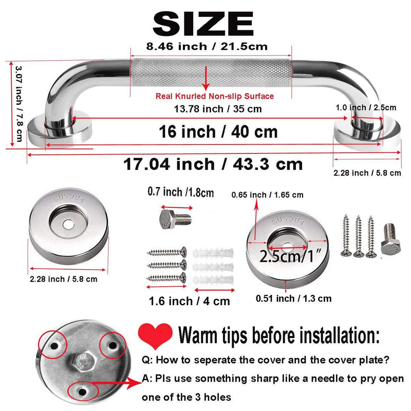 16 Inch Anti Slip Shower Grab Bar Handle, ZUEXT Chrome Finish Stainless Steel Bathroom Grab Bar, Knurled Bathroom Balance Bar,Safety Hand Rail Support,Handicap Elderly Injury Senior Assist Bath Handle 16 Inch (Pack of 1)