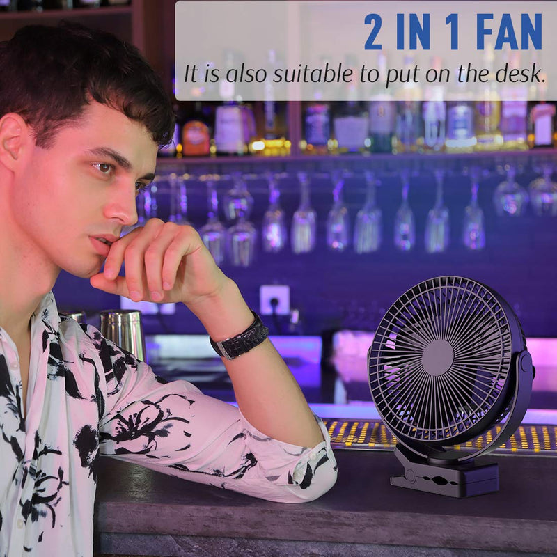 KOONIE 10000mAh Rechargeable Portable Fan, 8-Inch Battery Operated Clip on Fan, USB Fan, 4 Speeds, Strong Airflow, Sturdy Clamp for Office Desk Golf Car Outdoor Travel Camping Tent Gym Treadmill Black