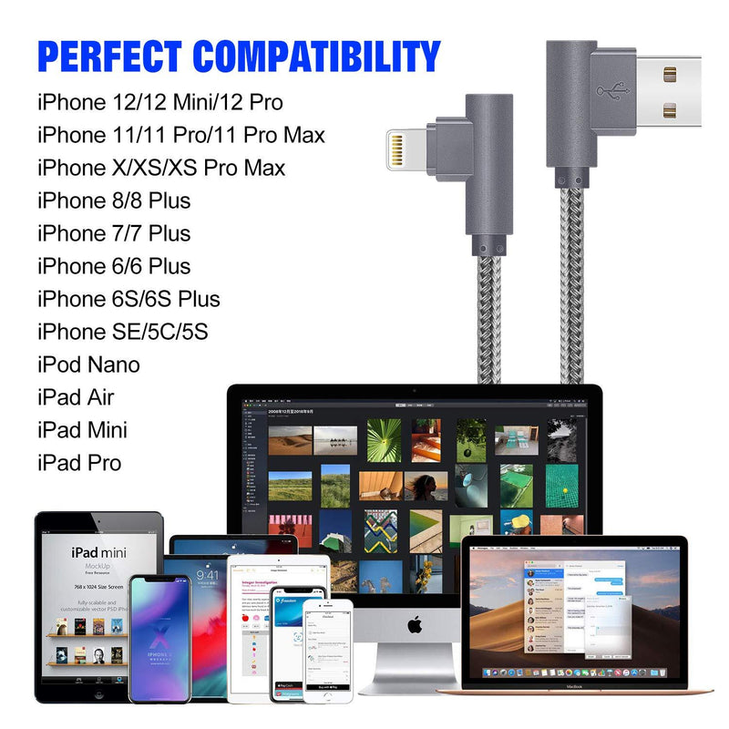 MFi Certified 10FT Lightning Cable iPhone Charger Cord 90 Degree Fast Data Cable Nylon Braided Compatible with iPhone Xs Max/XS/XR/7/7Plus/X/8/8Plus/6S/6S Plus/SE (Gray, 10FT) Gray