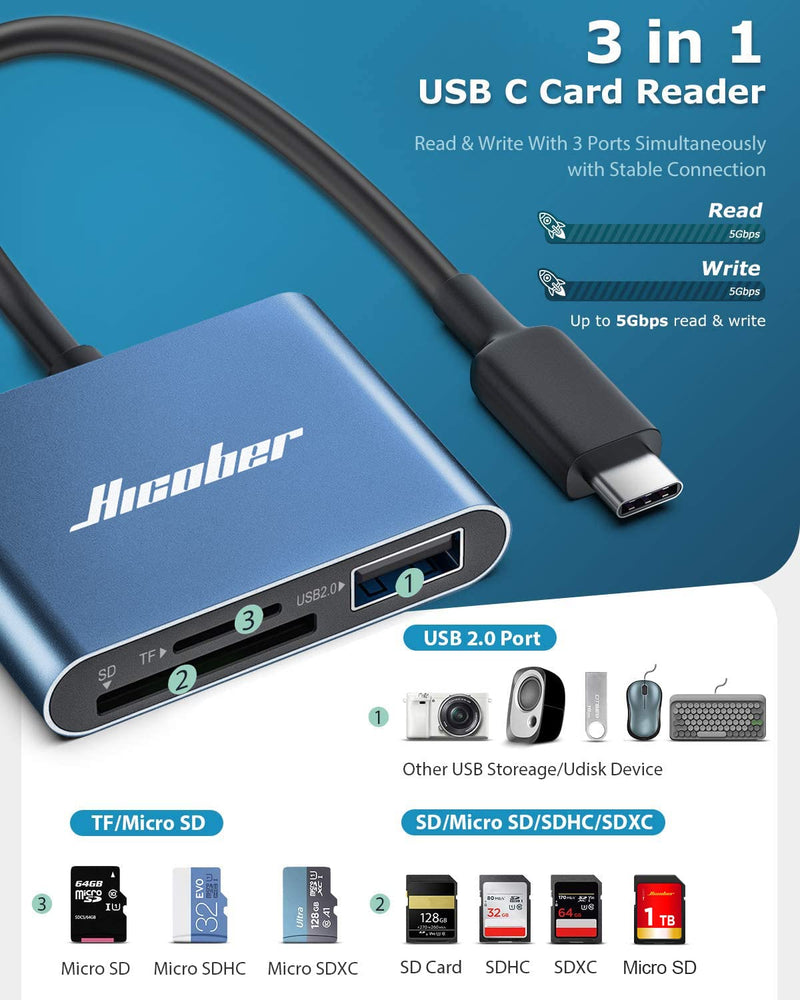 Hicober USB C to SD Card Reader, Micro SD Memory Card Reader, Type C to SD Card Reader Adapter 2TB Capacity for MacBook Camera Android Windows Linux and Other Type C Device-Blue Blue