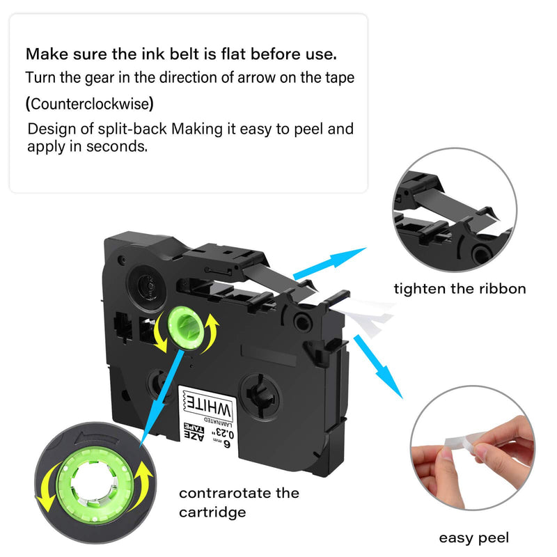 GREENCYCLE 2-Pack Compatible for Brother P Touch 1/4" 0.23" x 26.2ft Black on White AZE 211 TZe-211 TZe211 TZ211 Standard Laminated Label Tape for PT-D210 PTD400AD PT1230 PTH110 PT Cube Labeler 1/4"(6mm)