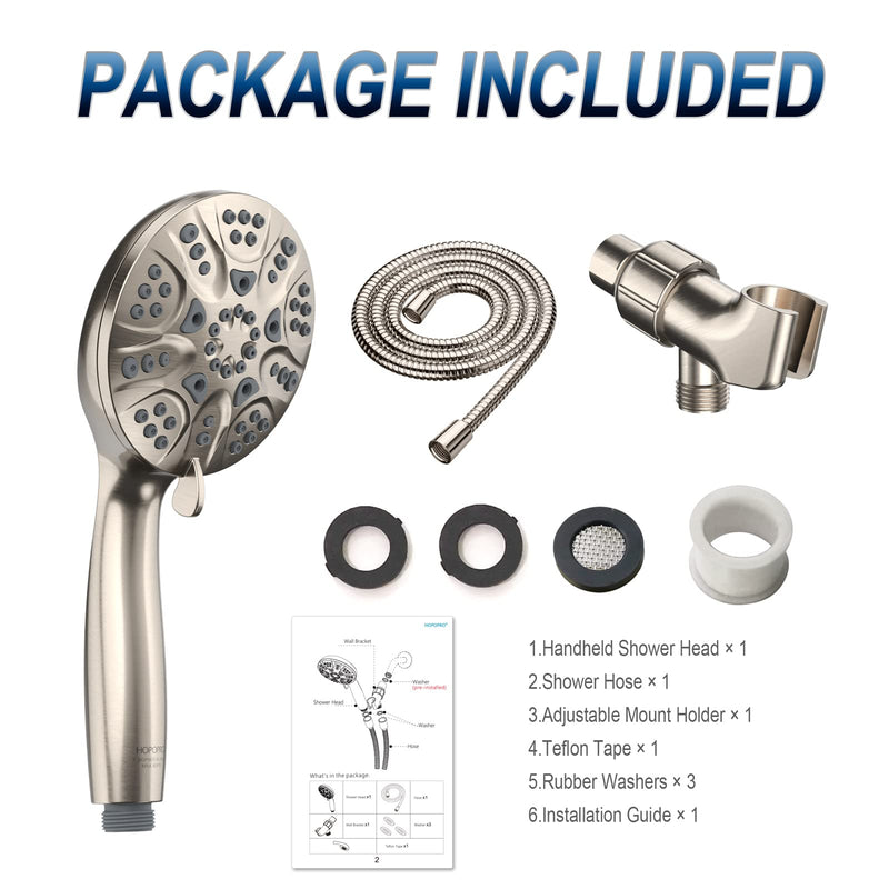HOPOPRO 6 Functions Handheld Shower Head Set, High Pressure Shower Head High Flow Hand Held Showerhead Set with 59 Inch Hose Bracket Teflon Tape Rubber Washers Brushed Nickel