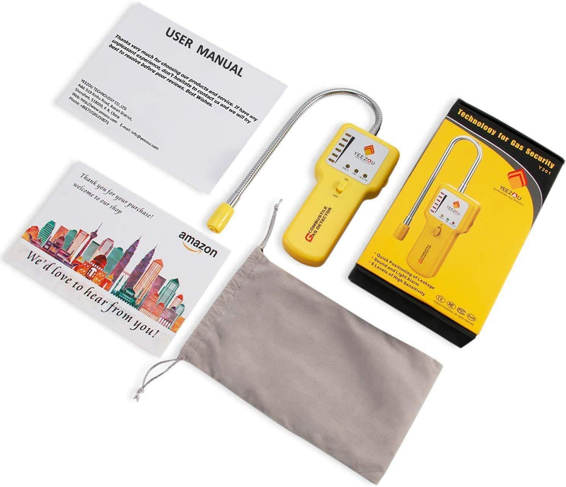 Y201 Propane and Natural Gas Leak Detector; Portable Gas Sniffer to Locate Gas Leaks of Combustible Gases Like Methane, LPG, LNG, Fuel, Sewer Gas; w/ Flexible Sensor Neck, Sound & LED Alarm, eBook Yellow