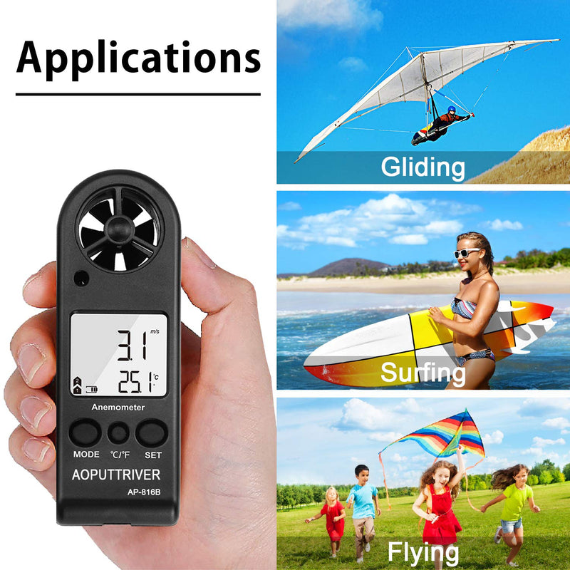 Anemometer Handheld Wind Speed Meter for Measuring Wind Speed Temperature and Max/Average/Current, High Precision Anemometer Measuring for Windsurfing Sailing Fishing Outdoor Activities 816B(Pocket Anemometer)