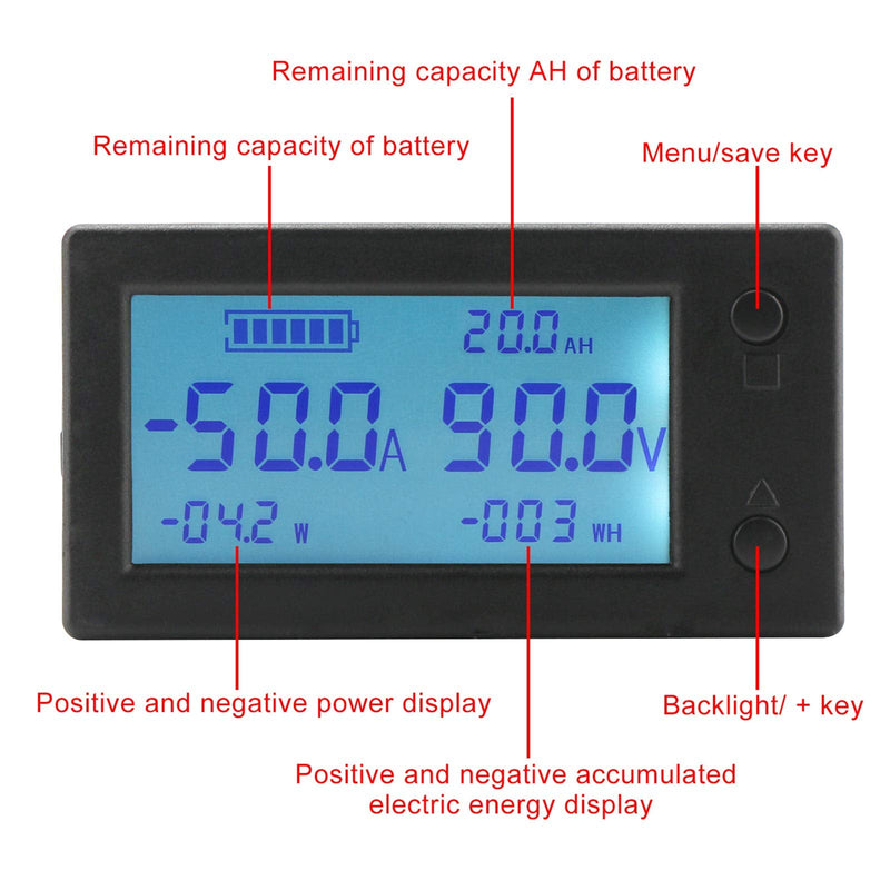 Battery Monitor, DROK Amp Volt Power Watt Meter DC 0-300V 200A STN LCD Display Panel Meter, Current Voltage Energy Capacity Ammeter Voltmeter Multimeter Gauge with Hall Sensor, 2.5m Shielded Wire 98.4"/2.5m Cable