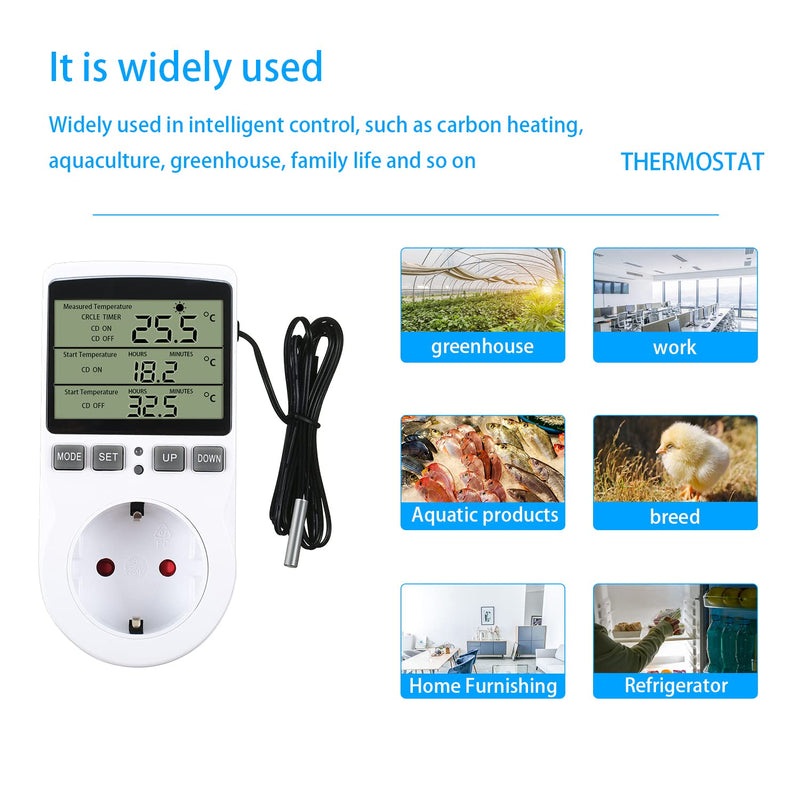 Temperature controller temperature switch 230V with timer and probe socket thermostat switch for greenhouse terrarium aquarium greenhouse seed germination heating cooling