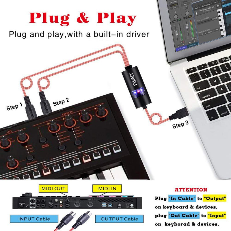 FORE MIDI to USB Interface MIDI Cable Adapter with Input&Output Connecting with Keyboard/Synthesizer for Editing&Recording Track Work with Windows/Mac OS for Studio USB 2.0 Color Red - 6.5Ft