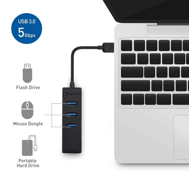 Cable Matters 3 Port USB 3.0 Hub with Ethernet (USB Hub with Ethernet, Gigabit Ethernet USB Hub ) Supporting 10/100/1000 Mbps Ethernet Network in Black