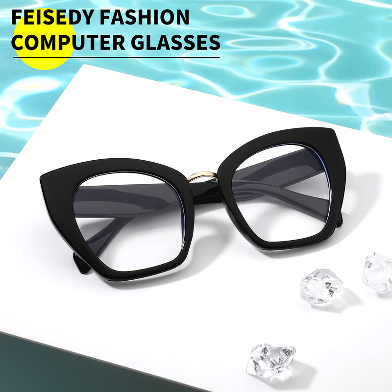 FEISEDY Oversized Blue Light Blocking Glasses Retro Cateye Computer Glasses for Women B4107 Black 65 Centimeters