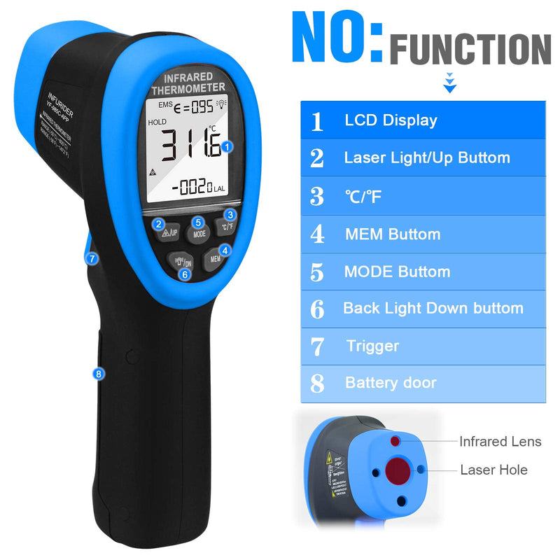 Digital Infrared Thermometer YF-985CAPP Non Contact Temperature Gun -58℉-1472℉ Pyrometer 16:1 Accurate IR Thermometer with Wireless Bluetooth,Backlight for Industry Kiln Forge【Not for Human】 985CAPP(With Bluetooth)