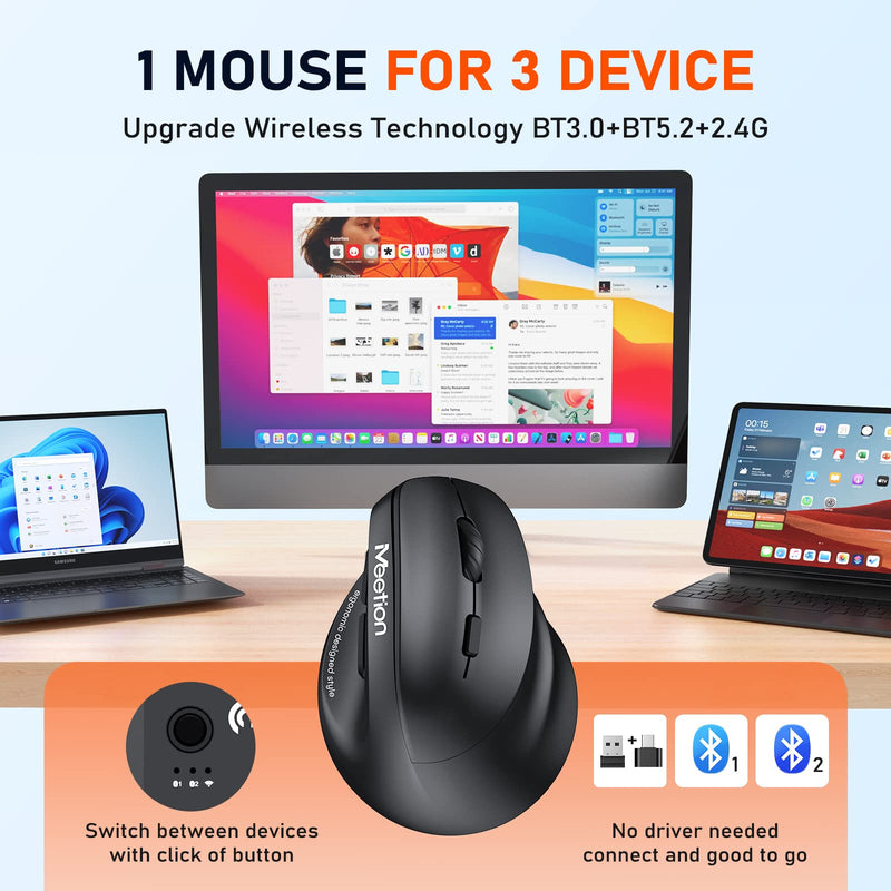MEETION Ergonomic Mouse, Wireless Vertical Mouse RGB Backlit Rechargeable Mice for Bluetooth(5.2 + 3.0) & USB-A with USB-C Adapter 4 Adjustable DPI Compatible Mac/Windows/Andriod/PC/Tablet/iPad Black Medium-Large Right-Handed
