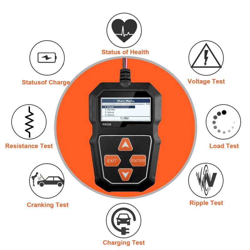 KW208 12V Car Battery Tester, Automotive Battery Load Tester, 100-2000 CCA Auto Cranking & Charging System Test, Display Diagnostic Checker Scan Tool Digital Battery Analyzer for Truck Marine SUV Boat