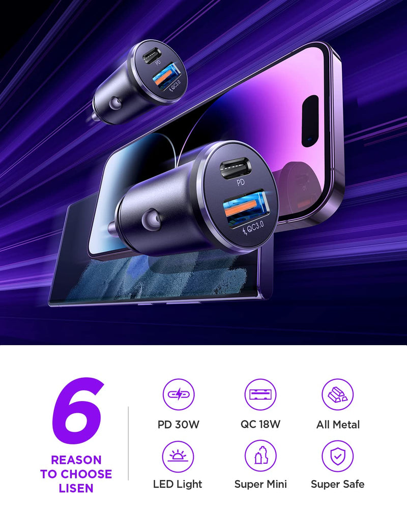 2-Pack USB C Car Charger Fast Charging[PD30W&QC18W], Type C Car Cigarette Lighter USB Charger, LISEN USBC Car Charger Adapter Compatible with iPhone 14 Pro Max Plus 13 12, iPad, Samsung, Pixel, Google