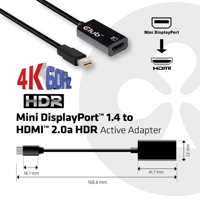 Club 3D CAC-1180 Mini DisplayPort 1.4 to HDMI 2.0B HDR Adapter Supports 4096X2160@60Hz High Dynamic Range, Black