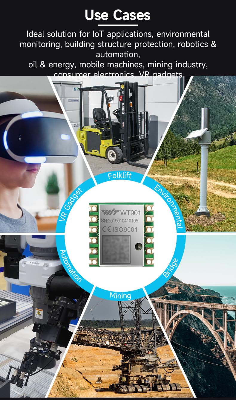 【9-Axis Tilt Sensor + Accelerometer】WT901 High Precision Acceleration + Magnetometer + Gyroscope + Angle with Kalman Filtering, 3-Axis MPU9250 AHRS IMU (IIC/TTL, 200Hz)