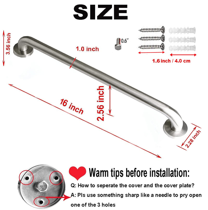 16 Inch Shower Grab Bar Satin Brushed Nickel, ZUEXT Stainless Steel Safety Grab Bar Handle, Bathroom Balance Bar, Safety Hand Rail Support - Handicap, Elderly, Injury, Senior Assist Bath Handle 16 Inch Grab Bar-Satin Brushed Nickel