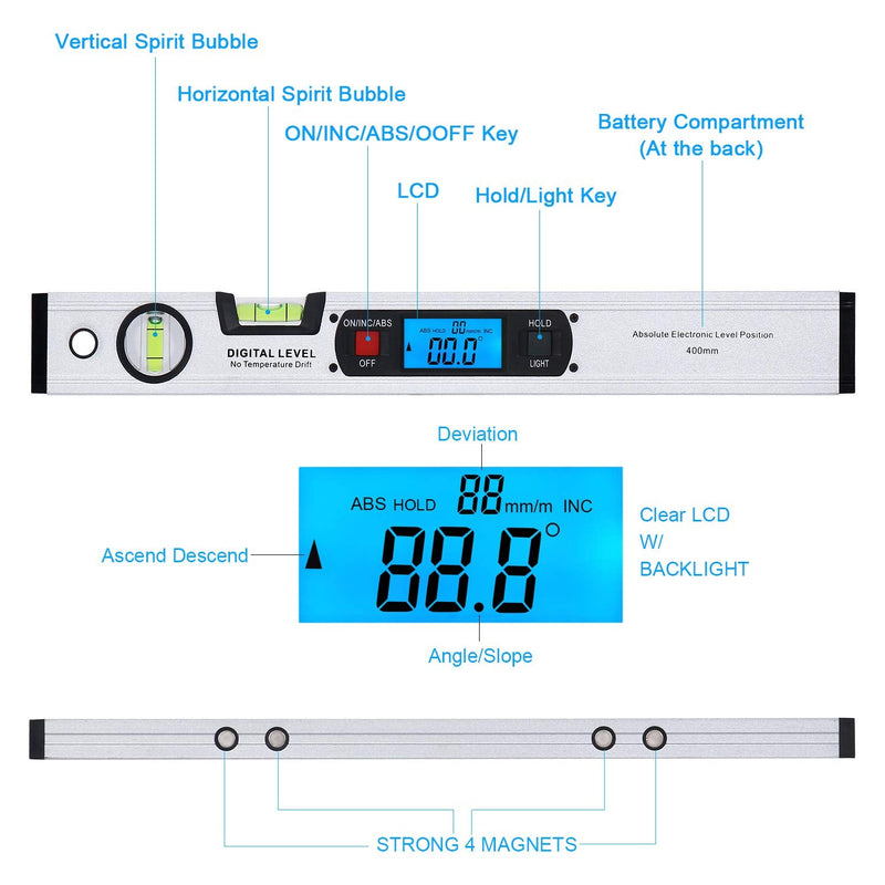 Inclinometer, RISEPRO Digital Inclinometer Angle Finder Gauge Spirit Level Upright Magnet 360° Range 416mm Long with Backlight 82112 S