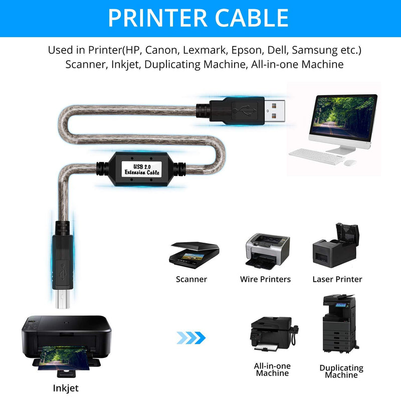 LDKCOK Active USB 2.0 Printer Cable 50ft - A-Male to B-Male High Speed Printer/Scanner/Repeater Cable for HP, Canon, Lexmark, Epson, Dell, Samsung etc (50FT/15M) Black