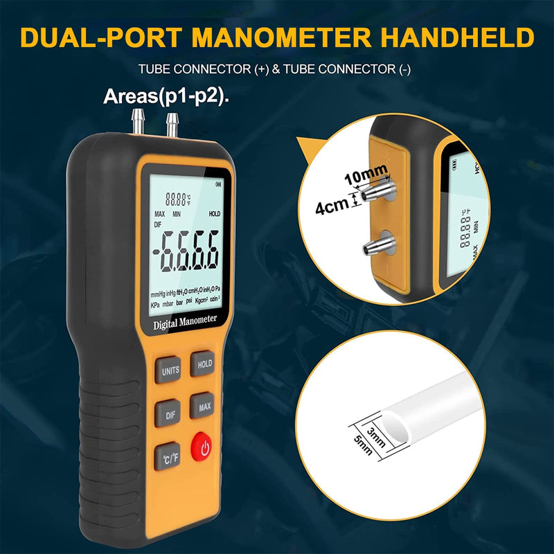 Manometer, Professional Air Pressure Gauge, Handheld HVAC Manometer 12 Selectable Units Differential Pressure Display, Dual Port Manometer Gas Pressure Tester with Backlight (Battery Included) Yellow