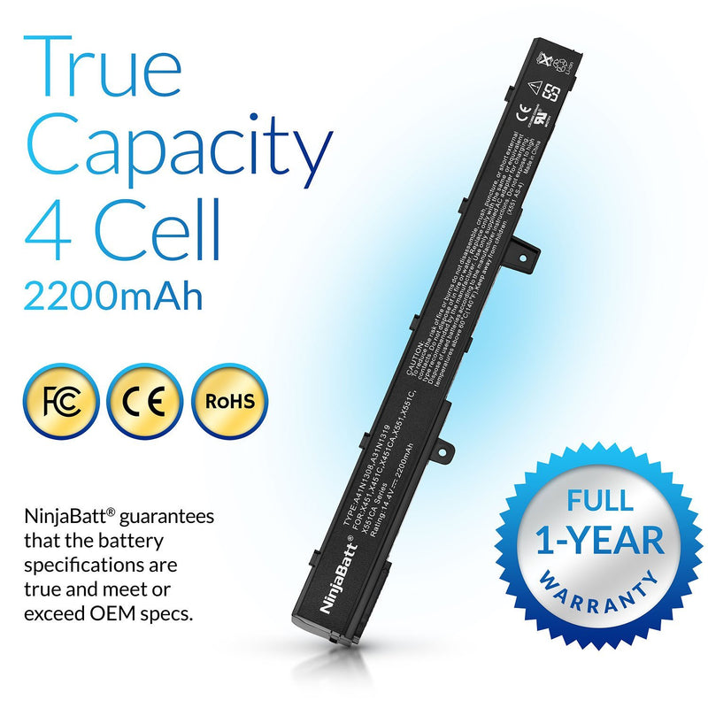 NinjaBatt Battery for Asus X551 X551M A31N1319 X551C A41N1308 X551MA D550 X551CA A31LJ91 X451 X451C 00B110-00250600 0B110-00250100 - High Performance [4 Cells/2200mAh/32wh]