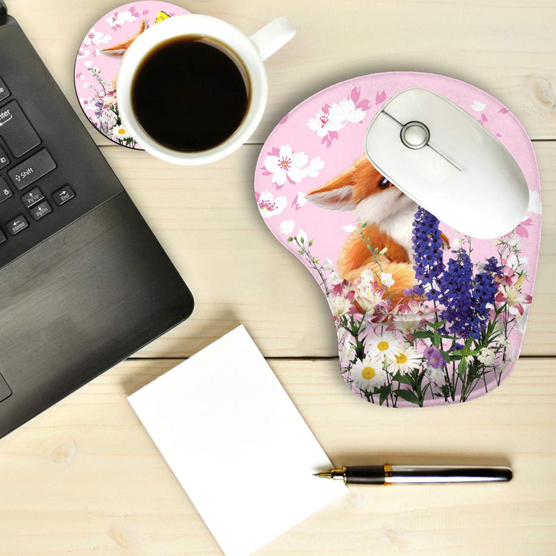 2 Pack Gaming Mouse Pad and Coaster, Ergonomic Mouse Pad with Wrist Support Gel, Non-Slip PU Base, Easy Typing Pain Relief Effect, Suitable for Office and Home (Flower Cute Little Fox and Butterfly) Flower Cute Little Fox and Butterfly