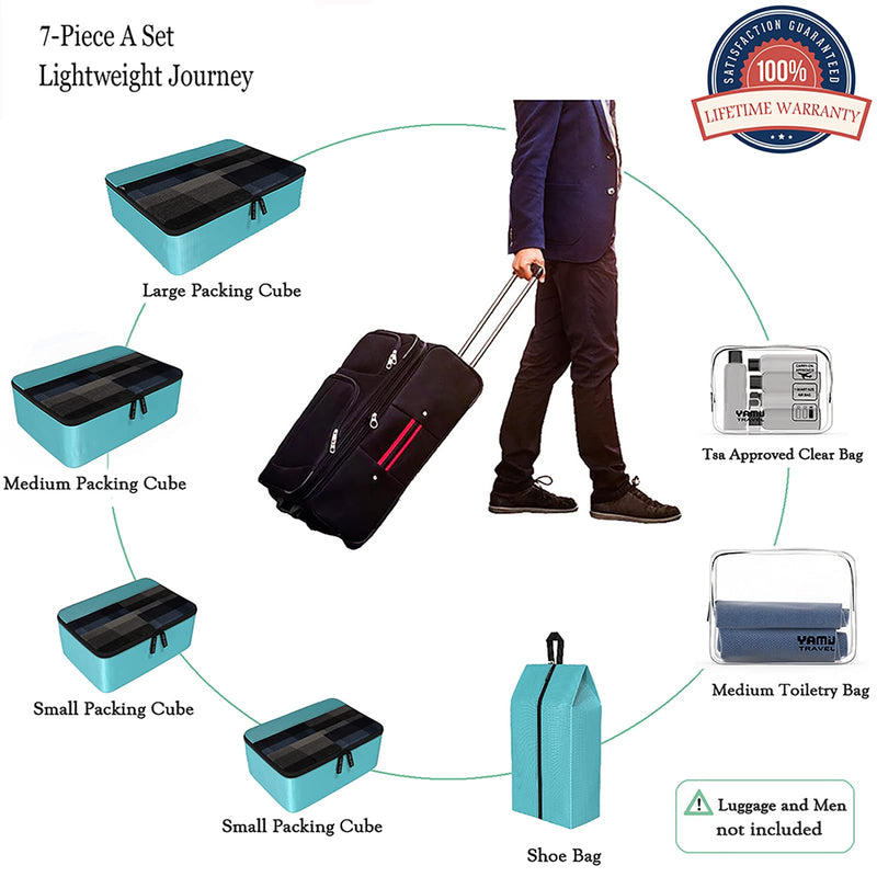 YAMIU Packing Cubes 7-Pcs Travel Organizer Accessories with Shoe Bag & 2 Toiletry Bags Blue