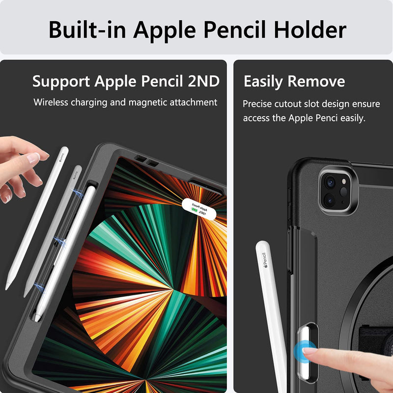 Miesherk iPad Pro 12.9 Case 2021/2020: Military Grade Heavy Duty Shockproof Cover for iPad Pro 12.9 Inch 5th/4th Generation- Pencil Holder - Rotating Stand - Hand/Shoulder Strap - Black iPad Pro 12.9'' 2021 5th Gen Black+Black
