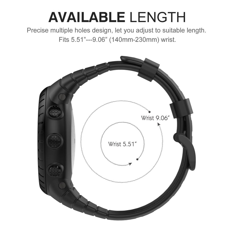 MoKo Watch Band Compatible with Suunto Core, Classic Replacement Soft Wrist Band Strap with Metal Clasp for Suunto Core Smart Watch, Fits 5.51"-9.06" (140mm-230mm) Wrist, All Black