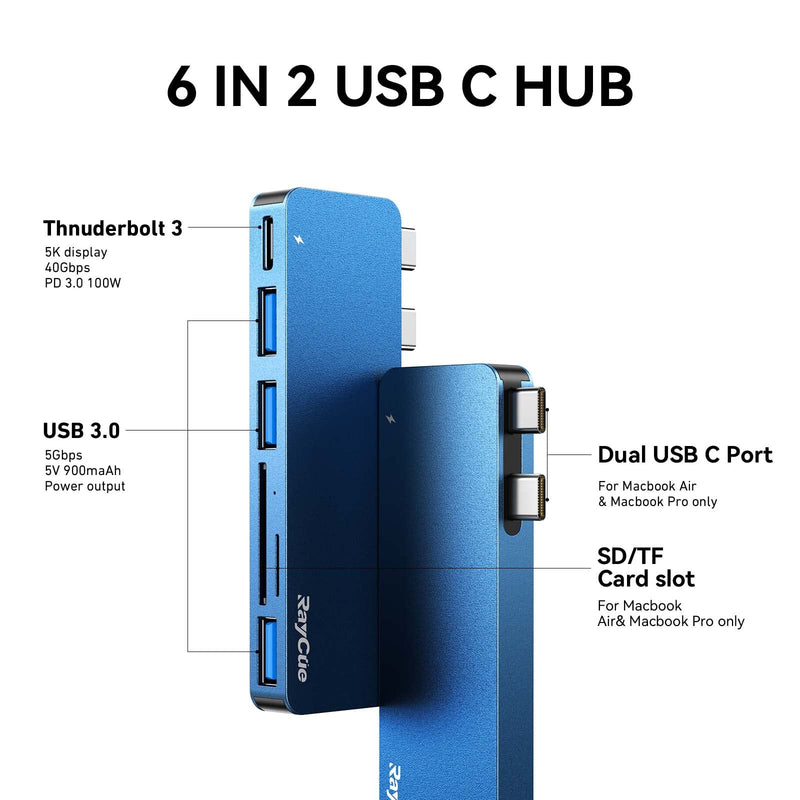 USB C Adapter for MacBook Pro/Air 2022 2021 2020, RayCue USB-C Accessories, Mac Adapter with 3 USB 3.0 Ports, USB C to SD/TF Card Reader, and 100W Thunderbolt 3 PD Port-Support MagSafe 3 Charging Blue