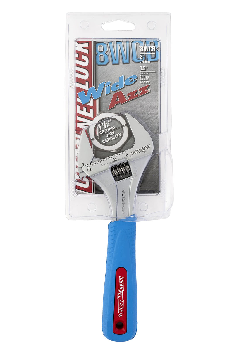 Channellock 8WCB 8-Inch WideAzz Adjustable Wrench | 1.5-Inch Wide Jaw Opening | Precise Jaw Design Grips Tight - Even in Tight Spaces | Measurement Scales Engraved on the Tool for Easy Sizing of Diameters | CODE BLUE Comfort Grip