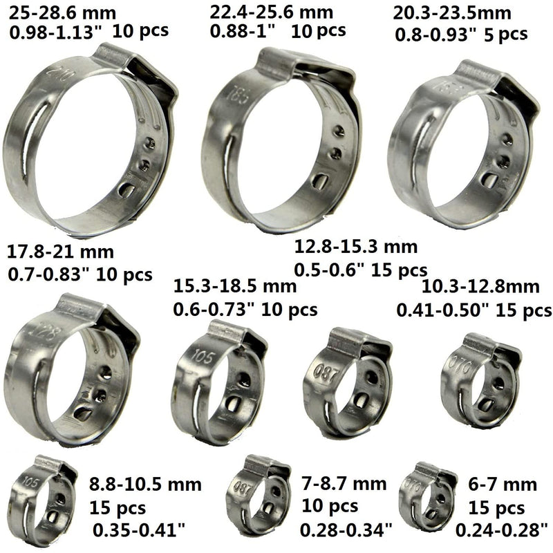 Leberna 115 Pcs 304 Stainless Steel Stepless Single Ear 7-29mm Hose Clamps with Pincers Crimper Tool Kit | Securing Pipe Hoses Automotive | Cinch Rings Pinch Clamp, Crimp Clamp Assortment PEX Crimping