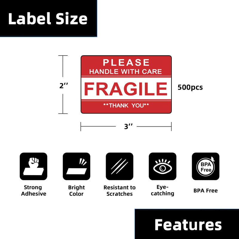 Printholic 2 Rolls Fragile Stickers 3" x 2" Please Handle with Care-Fragile-Thank You Warning Stickers Fragile Labels Permanent Adhesive for Shipping Moving Packing (500 Count/Roll)