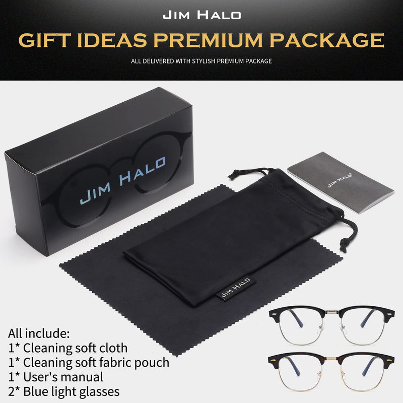 JIM HALO 2 Pack Blue Light Blocking Glasses, Round Computer/Gaming/TV/Phones Glasses Bluelight Blocker for Women Men Black/Silver +Demi/Gold